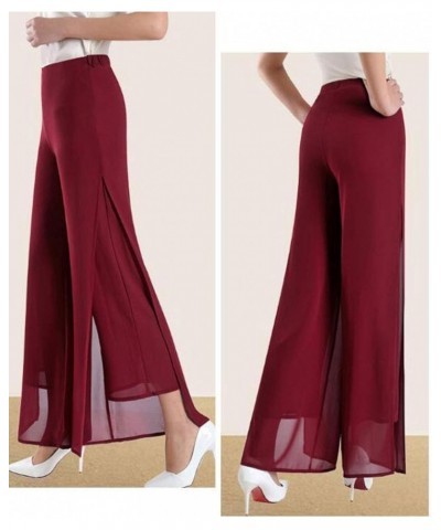 Womens Chiffon High Waist Palazzo Dressy Pants Flare Elastic Waist Culottes Trousers Pant Suits Burgundy Split $20.90 Pants