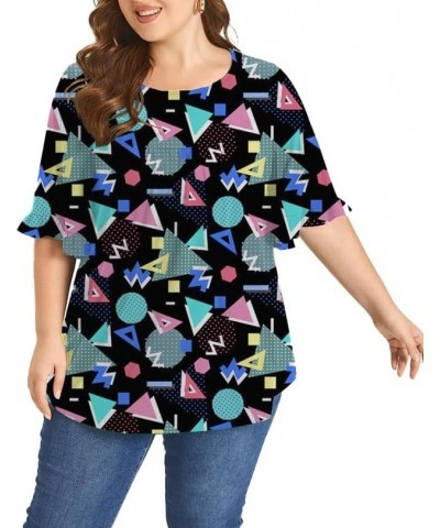 Women Plus Size 80's 90's Shirt 90's Outfits Retro Disco Party Tops Plus Size Ruffle Sleeve Blouse Black $10.25 Blouses