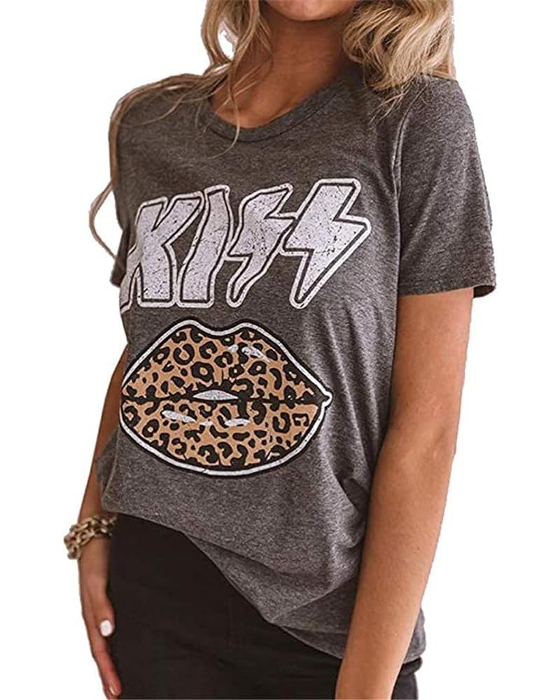 Womens Kiss Letter Print Leopard Lips Casual Round Neck Short Sleeve Tee Tops T-Shirt Grey $9.89 T-Shirts