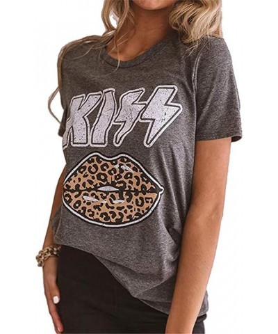 Womens Kiss Letter Print Leopard Lips Casual Round Neck Short Sleeve Tee Tops T-Shirt Grey $9.89 T-Shirts