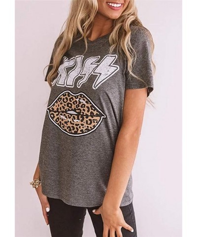 Womens Kiss Letter Print Leopard Lips Casual Round Neck Short Sleeve Tee Tops T-Shirt Grey $9.89 T-Shirts