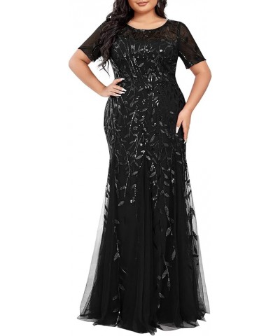 Women's Plus Size Sequin Short Sleeves Embroidery Mermaid Maxi Evening Dress 07707-PZUSA Black $36.89 Dresses