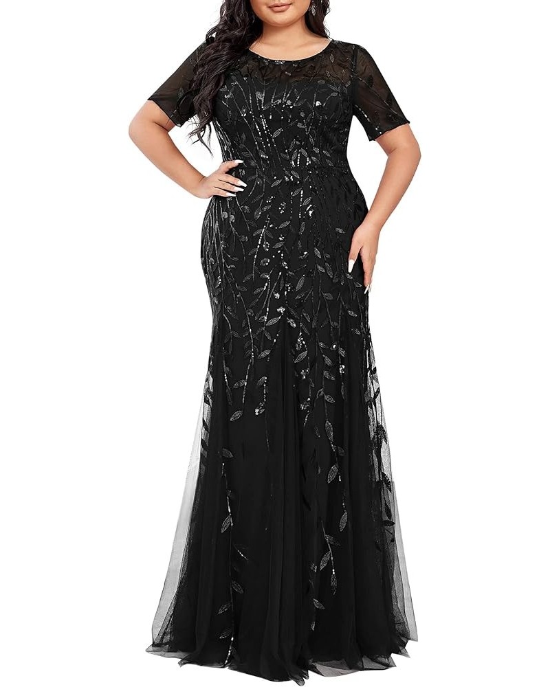 Women's Plus Size Sequin Short Sleeves Embroidery Mermaid Maxi Evening Dress 07707-PZUSA Black $36.89 Dresses