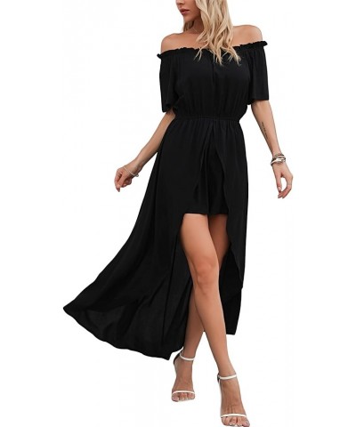 Women's Off Shoulder Floral Flowy Party Split Maxi Romper Dress Long Summer Beach Sundress Black $16.10 Dresses