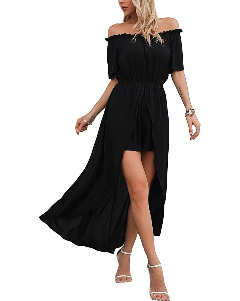 Women's Off Shoulder Floral Flowy Party Split Maxi Romper Dress Long Summer Beach Sundress Black $16.10 Dresses