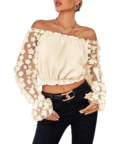 Women's Off Shoulder Floral Mesh Long Sleeve Ruffle Trim Crop Blouse Top Beige $15.80 Blouses