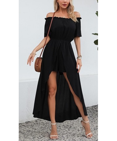 Women's Off Shoulder Floral Flowy Party Split Maxi Romper Dress Long Summer Beach Sundress Black $16.10 Dresses