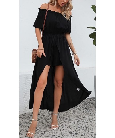 Women's Off Shoulder Floral Flowy Party Split Maxi Romper Dress Long Summer Beach Sundress Black $16.10 Dresses