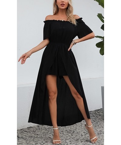 Women's Off Shoulder Floral Flowy Party Split Maxi Romper Dress Long Summer Beach Sundress Black $16.10 Dresses