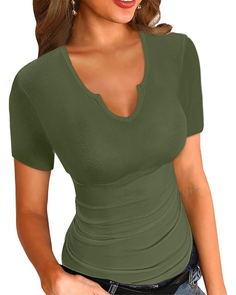 Womens Summer T-Shirts Basic V Neck Sexy Short Sleeve Fitted Ribbed Casual Shirts A-green $13.77 T-Shirts