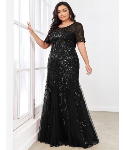 Women's Plus Size Sequin Short Sleeves Embroidery Mermaid Maxi Evening Dress 07707-PZUSA Black $36.89 Dresses