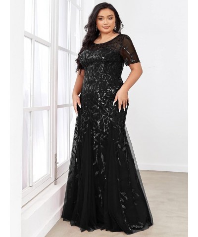 Women's Plus Size Sequin Short Sleeves Embroidery Mermaid Maxi Evening Dress 07707-PZUSA Black $36.89 Dresses