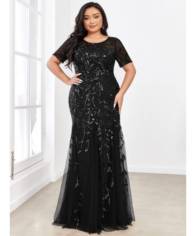 Women's Plus Size Sequin Short Sleeves Embroidery Mermaid Maxi Evening Dress 07707-PZUSA Black $36.89 Dresses