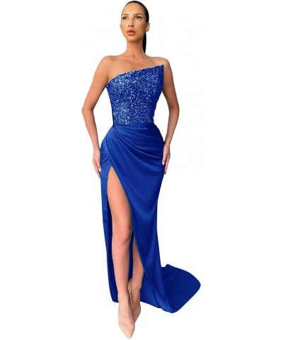 Sexy Sequin Mermaid Prom Dress Sleeveless Long Satin Evening Gown with Slit Plus Size Royal Blue $42.75 Dresses