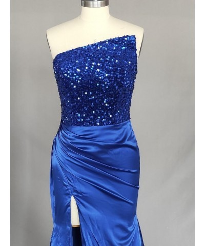 Sexy Sequin Mermaid Prom Dress Sleeveless Long Satin Evening Gown with Slit Plus Size Royal Blue $42.75 Dresses