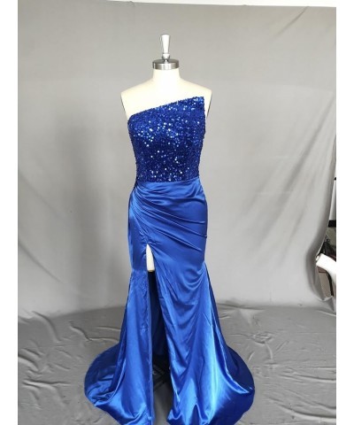 Sexy Sequin Mermaid Prom Dress Sleeveless Long Satin Evening Gown with Slit Plus Size Royal Blue $42.75 Dresses