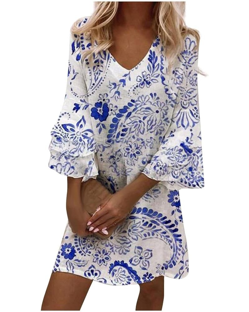 Dress for Women, Casual 3/4 Sleeve V Neck Floral Mini Dress 2023 Summer Vintage Spliced Loose Tunic Dresses 03-light Blue $10...