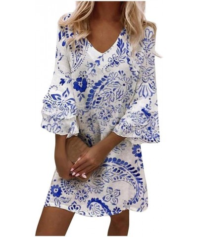 Dress for Women, Casual 3/4 Sleeve V Neck Floral Mini Dress 2023 Summer Vintage Spliced Loose Tunic Dresses 03-light Blue $10...