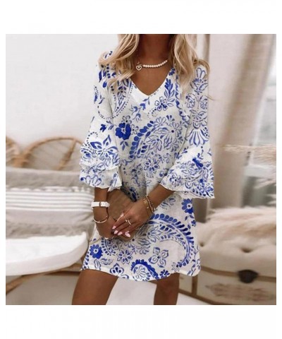 Dress for Women, Casual 3/4 Sleeve V Neck Floral Mini Dress 2023 Summer Vintage Spliced Loose Tunic Dresses 03-light Blue $10...