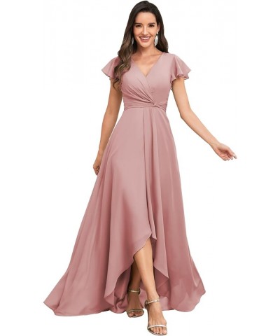 High Low Short Sleeve Bridesmaid Dresses for Women Chiffon Ruched A Line Prom Formal Evening Gowns Dusty Rose $30.75 Dresses