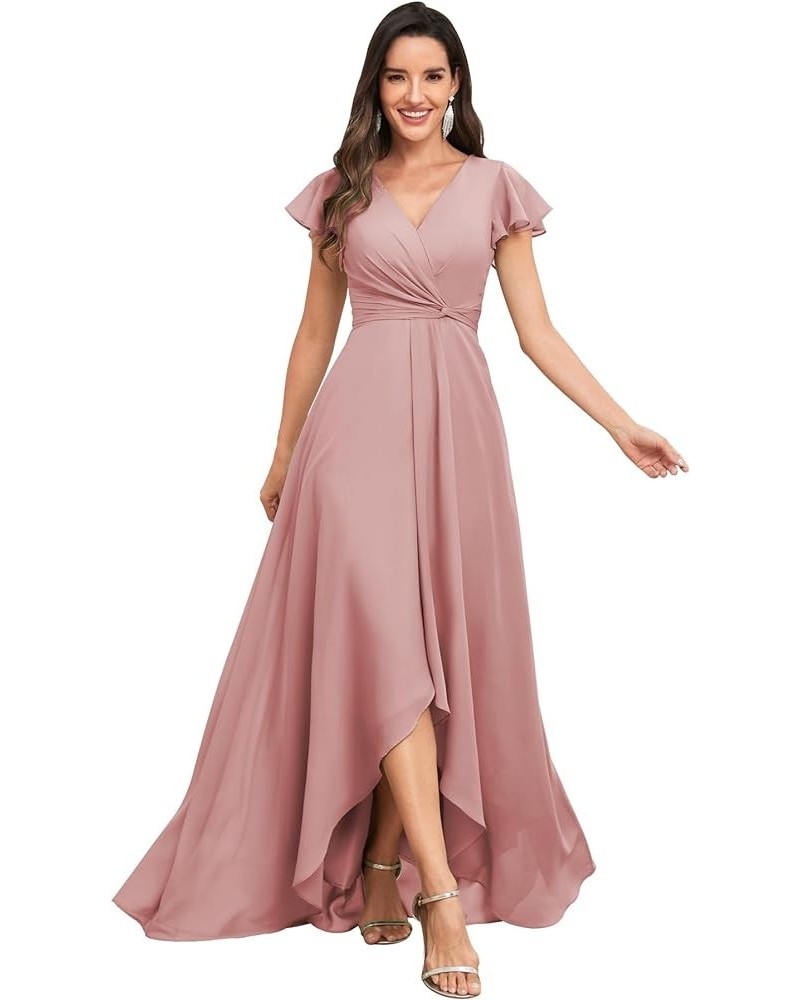 High Low Short Sleeve Bridesmaid Dresses for Women Chiffon Ruched A Line Prom Formal Evening Gowns Dusty Rose $30.75 Dresses