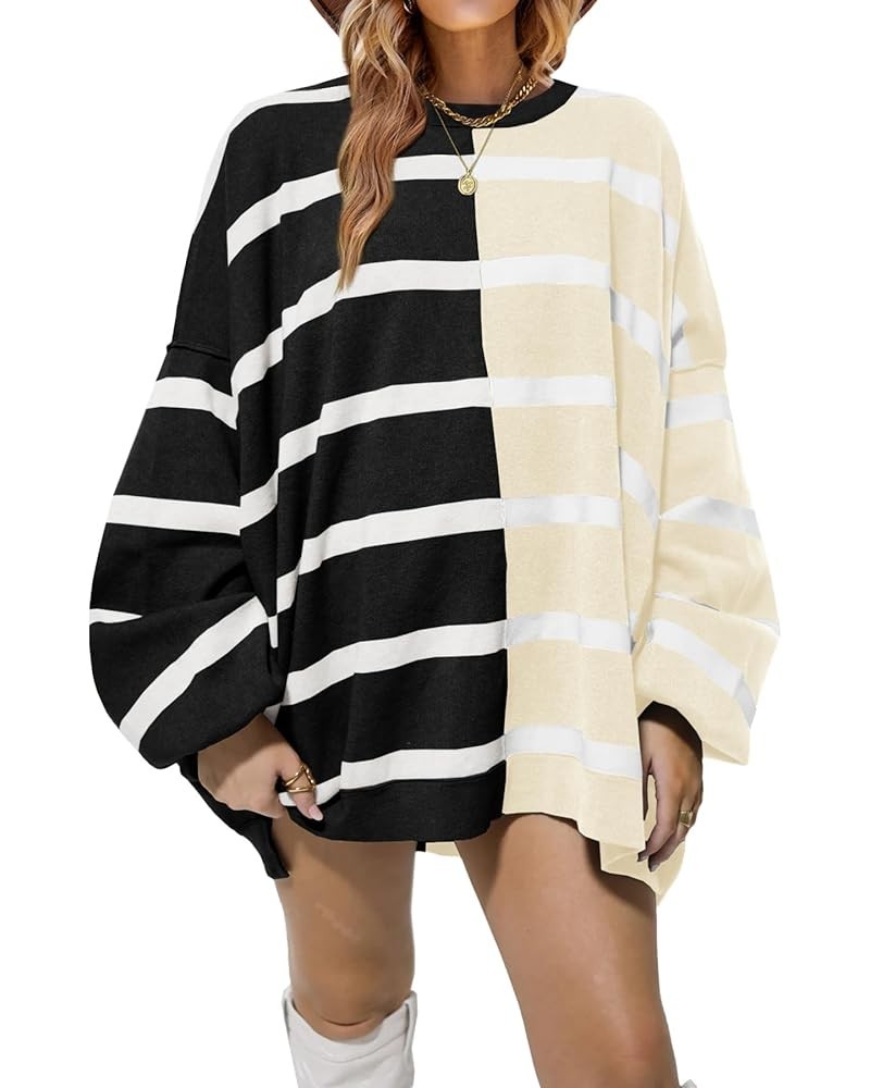 Womens Striped Pullover Sweater Crew Neck Long Sleeve Knitted Color Block Casual Loose Lightweight Sweaters for Women 1-black...