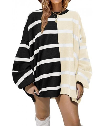 Womens Striped Pullover Sweater Crew Neck Long Sleeve Knitted Color Block Casual Loose Lightweight Sweaters for Women 1-black...