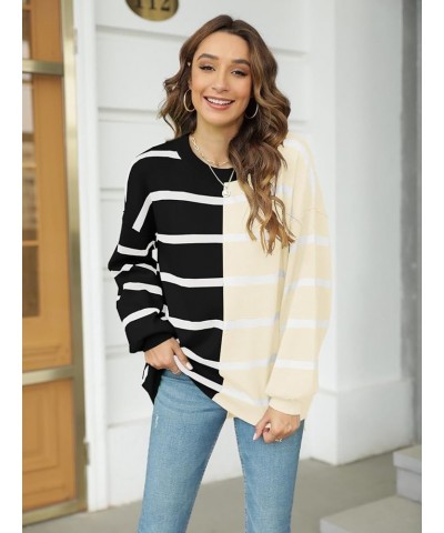 Womens Striped Pullover Sweater Crew Neck Long Sleeve Knitted Color Block Casual Loose Lightweight Sweaters for Women 1-black...