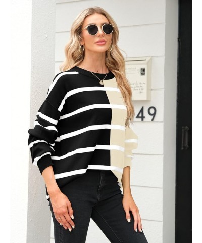 Womens Striped Pullover Sweater Crew Neck Long Sleeve Knitted Color Block Casual Loose Lightweight Sweaters for Women 1-black...