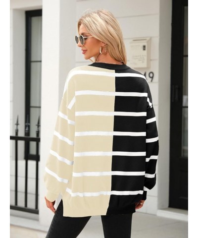 Womens Striped Pullover Sweater Crew Neck Long Sleeve Knitted Color Block Casual Loose Lightweight Sweaters for Women 1-black...