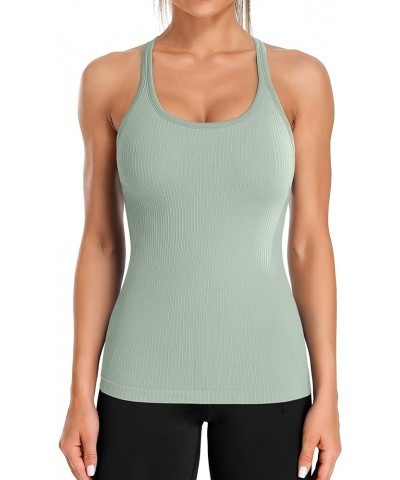 Ribbed Workout Tank Tops for Women with Built in Bra Tight Racerback Scoop Neck Athletic Top Light Green $11.07 Activewear