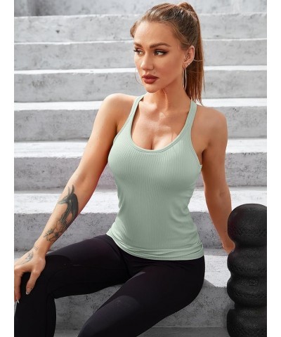 Ribbed Workout Tank Tops for Women with Built in Bra Tight Racerback Scoop Neck Athletic Top Light Green $11.07 Activewear