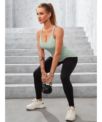 Ribbed Workout Tank Tops for Women with Built in Bra Tight Racerback Scoop Neck Athletic Top Light Green $11.07 Activewear