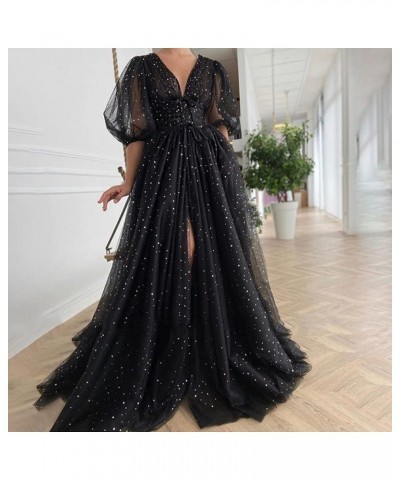 Sparkle Starry Tulle Puffy Sleeve Prom Dresses A Line Ball Gowns Slit Long Formal Evening Party Gowns with Pockets Floor Leng...