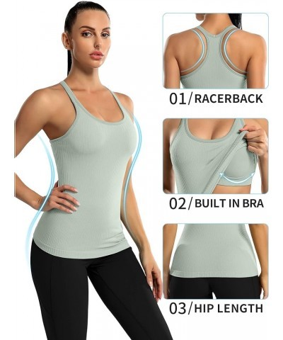 Ribbed Workout Tank Tops for Women with Built in Bra Tight Racerback Scoop Neck Athletic Top Light Green $11.07 Activewear