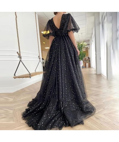 Sparkle Starry Tulle Puffy Sleeve Prom Dresses A Line Ball Gowns Slit Long Formal Evening Party Gowns with Pockets Floor Leng...