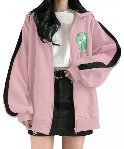 Oversized Sweatshirt for Teen Big Girls Casual Zipper Hooded Jacket Kawaii Dinosaur Print Long Coats Pink-c $9.41 Jackets