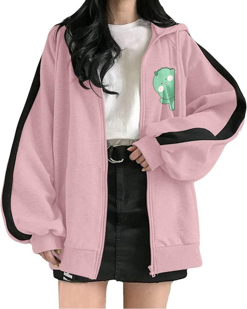 Oversized Sweatshirt for Teen Big Girls Casual Zipper Hooded Jacket Kawaii Dinosaur Print Long Coats Pink-c $9.41 Jackets