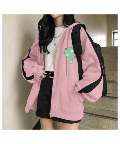 Oversized Sweatshirt for Teen Big Girls Casual Zipper Hooded Jacket Kawaii Dinosaur Print Long Coats Pink-c $9.41 Jackets