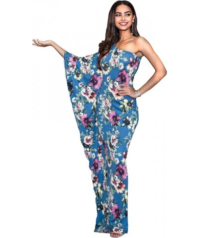 Womens Long One Shoulder Hawaiian Flower Print Summer Cocktail Maxi Dress Gown Pink on Blue Teal $12.48 Dresses