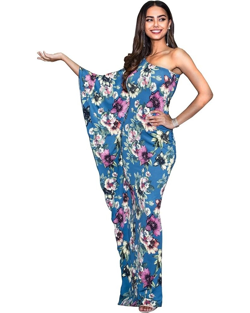 Womens Long One Shoulder Hawaiian Flower Print Summer Cocktail Maxi Dress Gown Pink on Blue Teal $12.48 Dresses