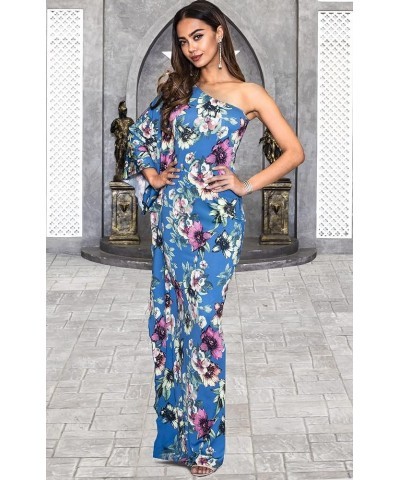 Womens Long One Shoulder Hawaiian Flower Print Summer Cocktail Maxi Dress Gown Pink on Blue Teal $12.48 Dresses