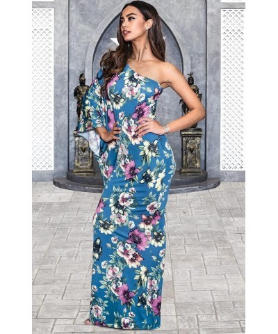 Womens Long One Shoulder Hawaiian Flower Print Summer Cocktail Maxi Dress Gown Pink on Blue Teal $12.48 Dresses