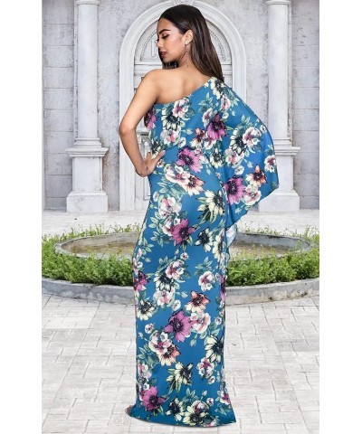 Womens Long One Shoulder Hawaiian Flower Print Summer Cocktail Maxi Dress Gown Pink on Blue Teal $12.48 Dresses