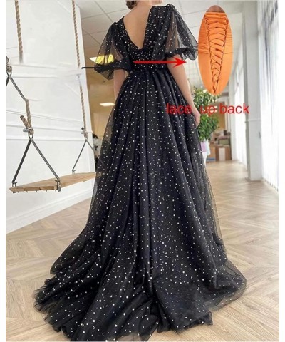 Sparkle Starry Tulle Puffy Sleeve Prom Dresses A Line Ball Gowns Slit Long Formal Evening Party Gowns with Pockets Floor Leng...