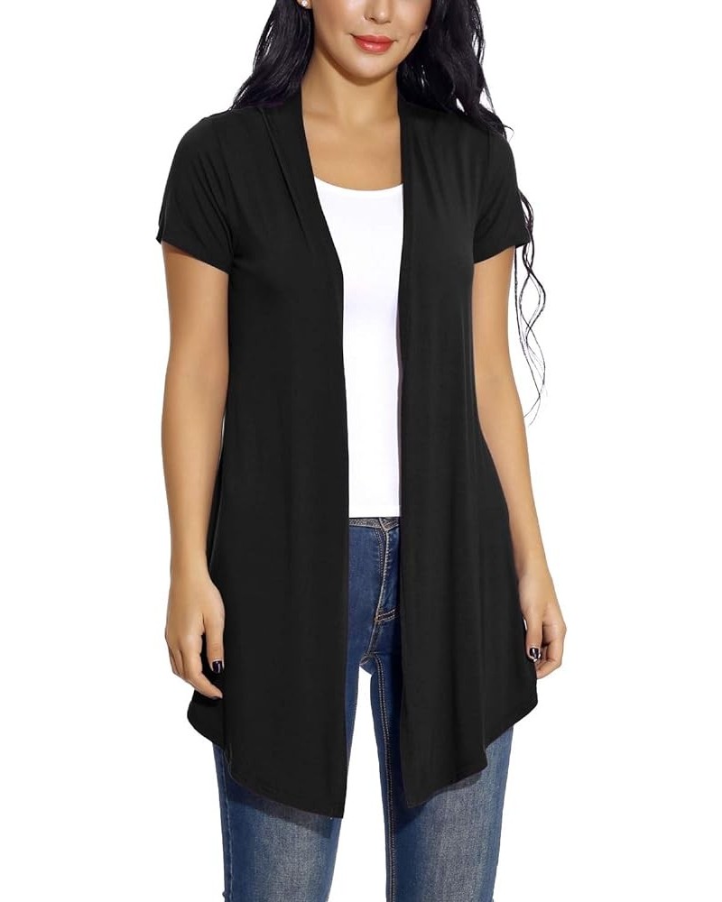 Women's Open Front Drape Cardigan Short Sleeves Solid Lightweight Cardigan Black $8.46 Sweaters