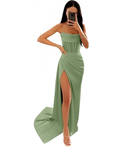 Women's Strapless Corset Satin Prom Dress Long Ball Gown with Slit Mermaid Evening Formal Gown Sage Green $27.30 Dresses