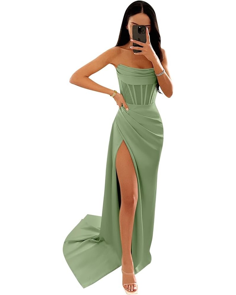 Women's Strapless Corset Satin Prom Dress Long Ball Gown with Slit Mermaid Evening Formal Gown Sage Green $27.30 Dresses