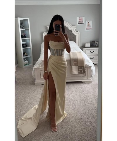 Women's Strapless Corset Satin Prom Dress Long Ball Gown with Slit Mermaid Evening Formal Gown Sage Green $27.30 Dresses