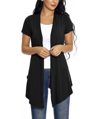 Women's Open Front Drape Cardigan Short Sleeves Solid Lightweight Cardigan Black $8.46 Sweaters